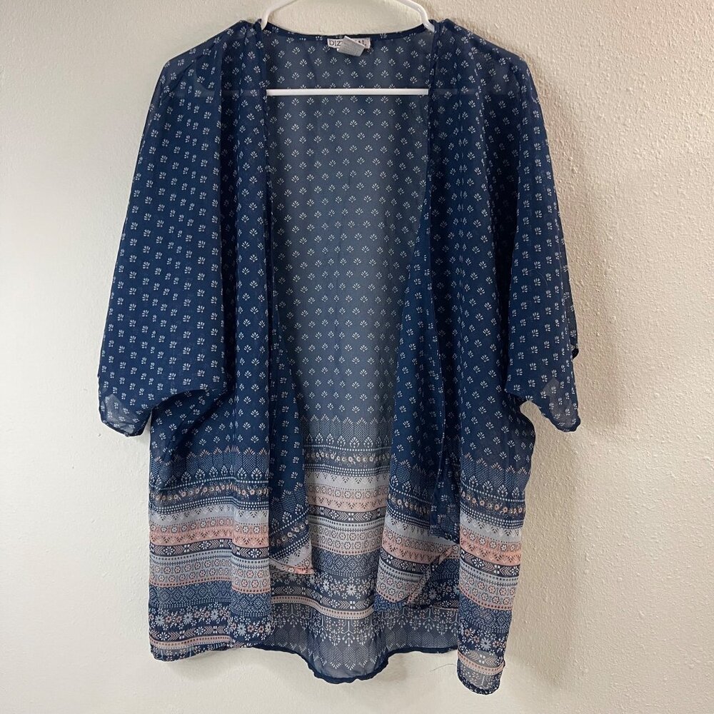 Dizzy Gal Navy Sheer Open Front Kimono Cardigan L Boho Print Women's Lightweight - Picture 2 of 8